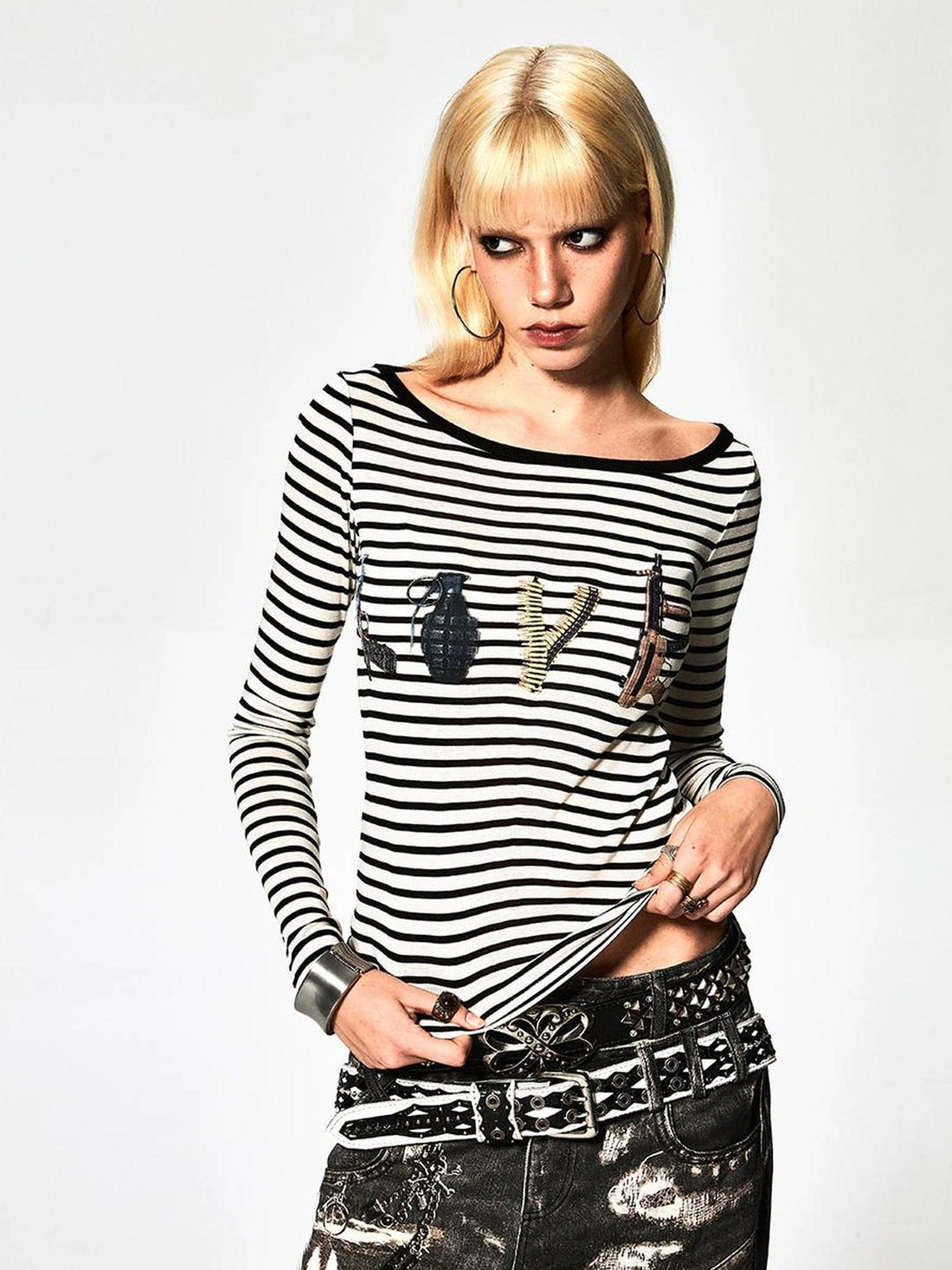 FayChui  Deconstructed Love Stripe Long Sleeve V-neck Top