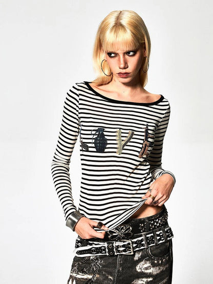 FayChui  Deconstructed Love Stripe Long Sleeve V-neck Top