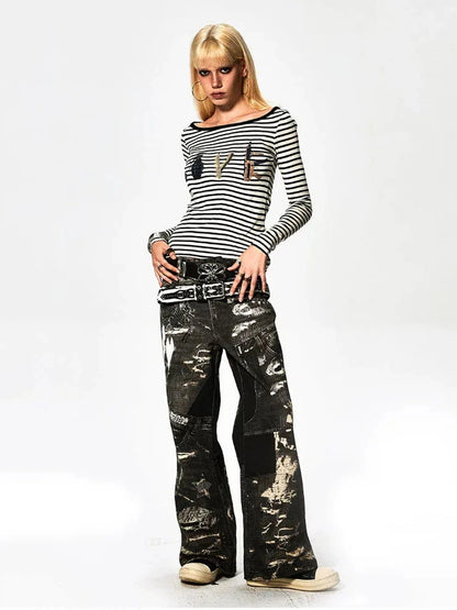 FayChui  Deconstructed Love Stripe Long Sleeve V-neck Top