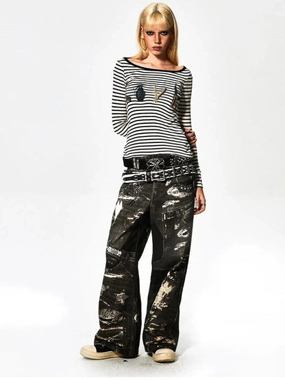 FayChui  Deconstructed Love Stripe Long Sleeve V-neck Top