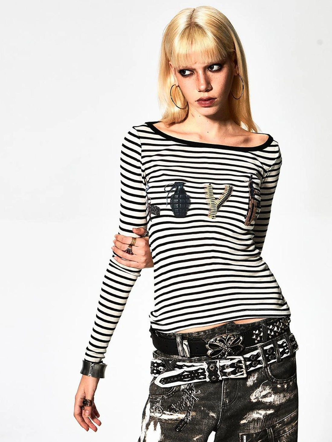FayChui  Deconstructed Love Stripe Long Sleeve V-neck Top