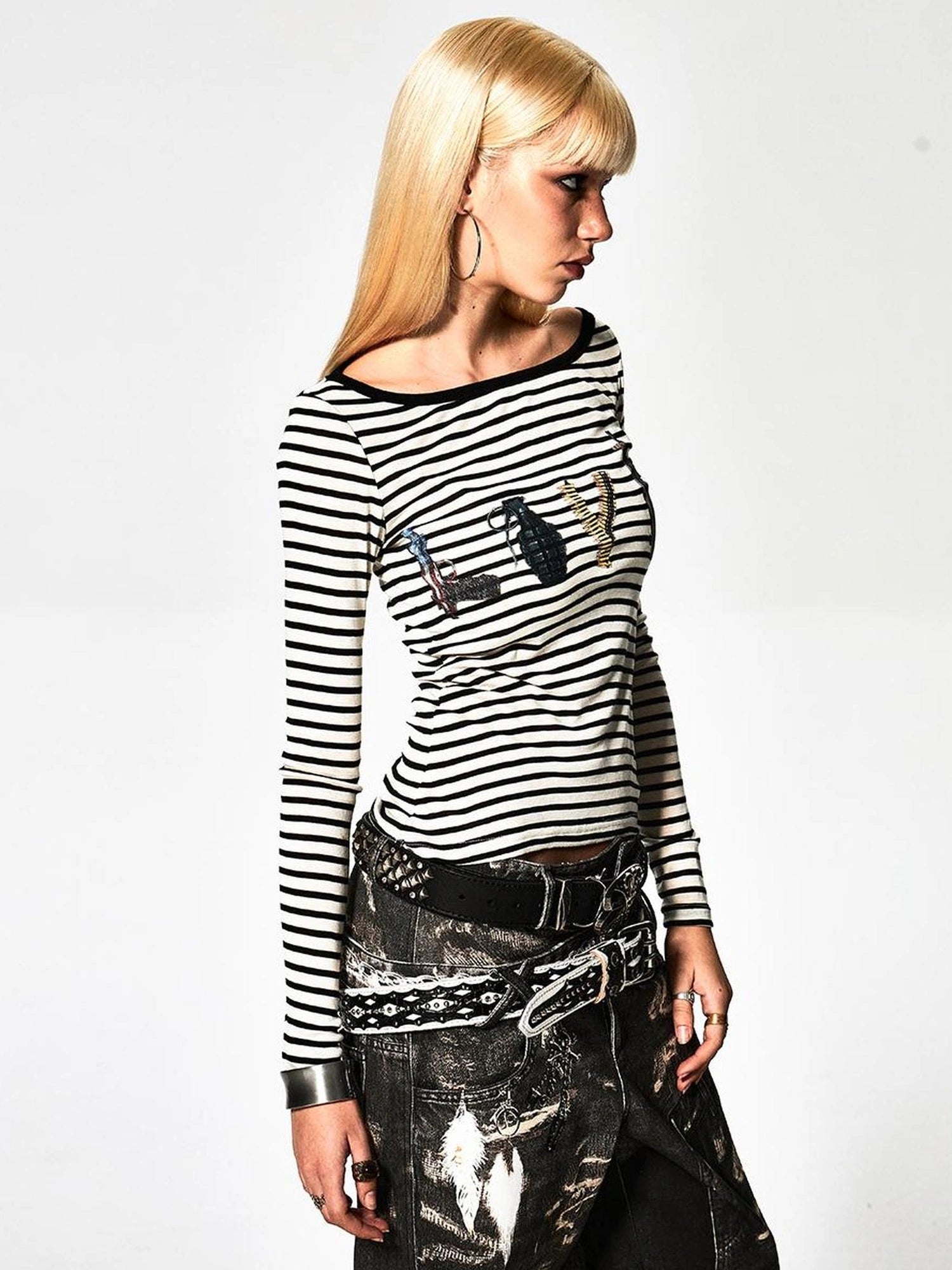 FayChui  Deconstructed Love Stripe Long Sleeve V-neck Top