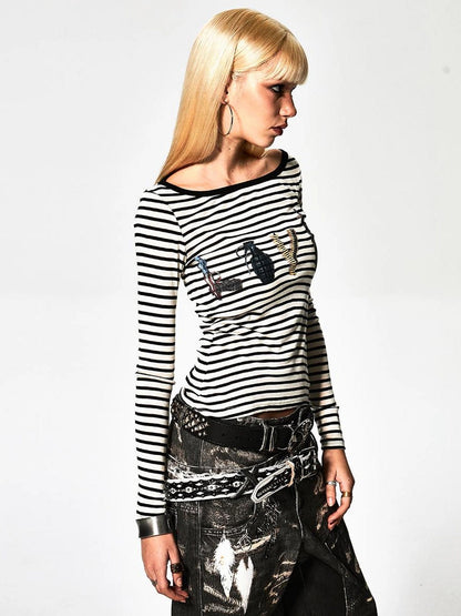 FayChui  Deconstructed Love Stripe Long Sleeve V-neck Top
