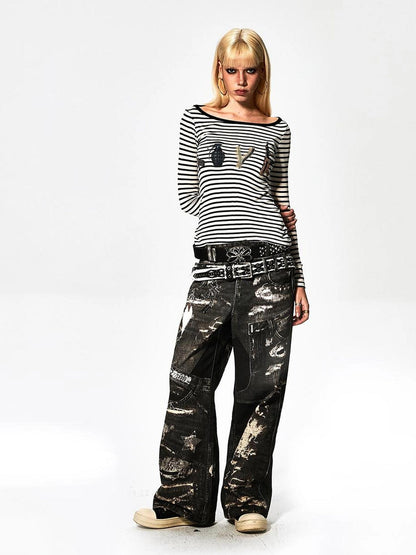 FayChui  Deconstructed Love Stripe Long Sleeve V-neck Top