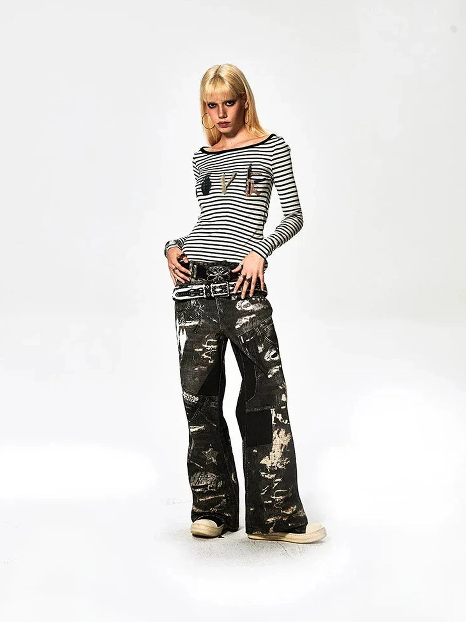 FayChui  Deconstructed Love Stripe Long Sleeve V-neck Top