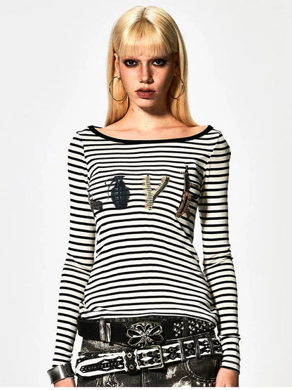 FayChui  Deconstructed Love Stripe Long Sleeve V-neck Top