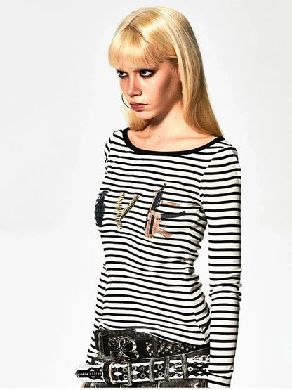 FayChui  Deconstructed Love Stripe Long Sleeve V-neck Top