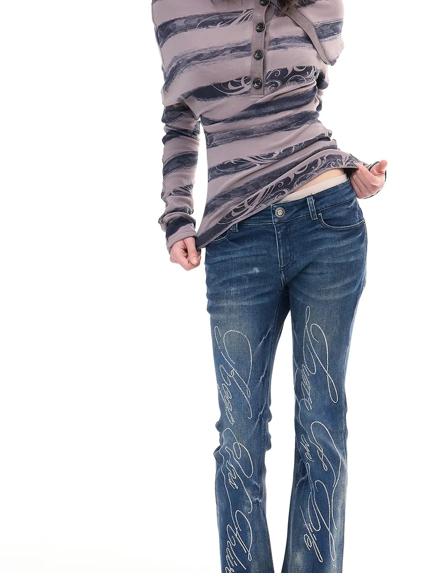 FayChui  Deconstructed Stripe Henley Long Sleeve Top