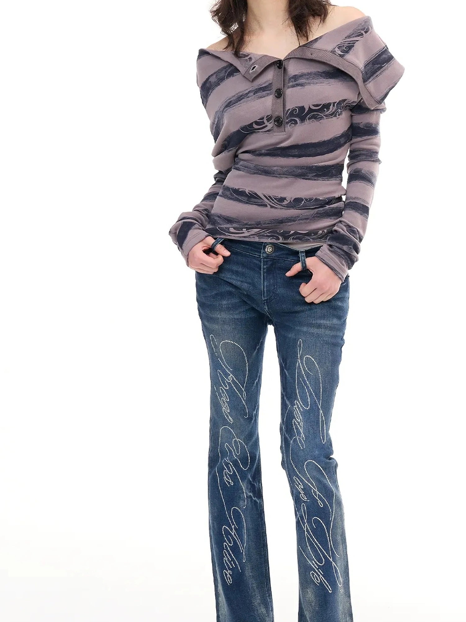 FayChui  Deconstructed Stripe Henley Long Sleeve Top