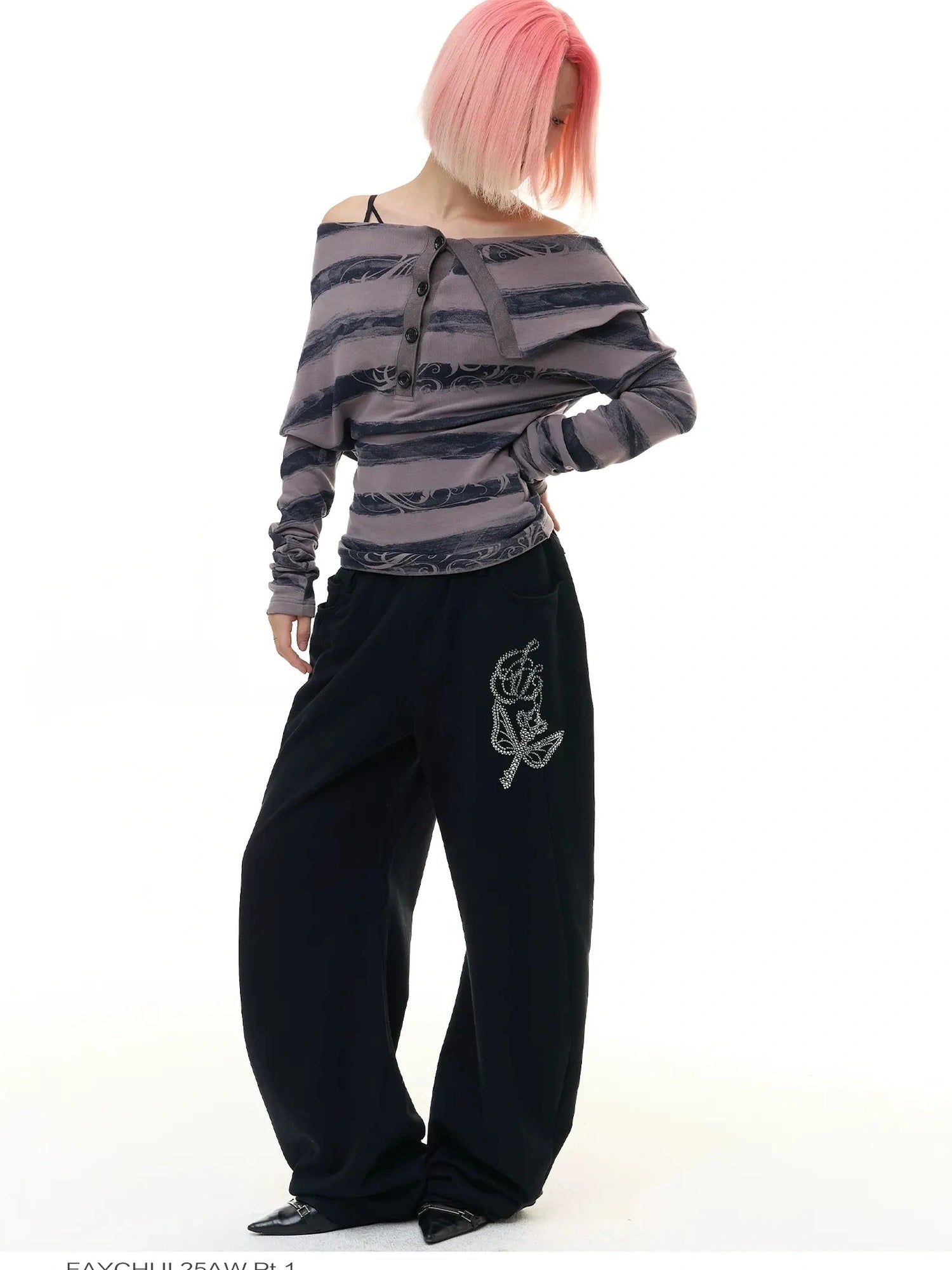 FayChui  Deconstructed Stripe Henley Neck Long Tee