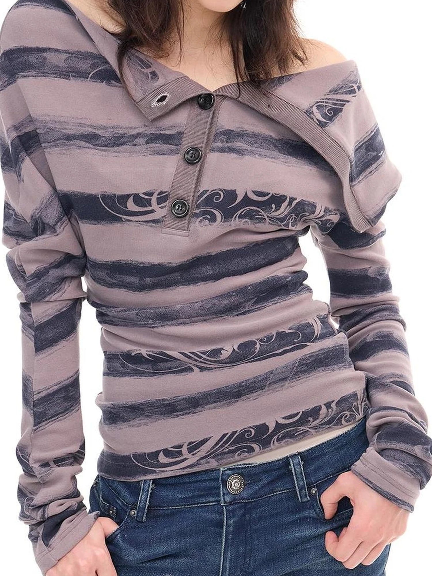 FayChui  Deconstructed Stripe Henley Neck Long Tee