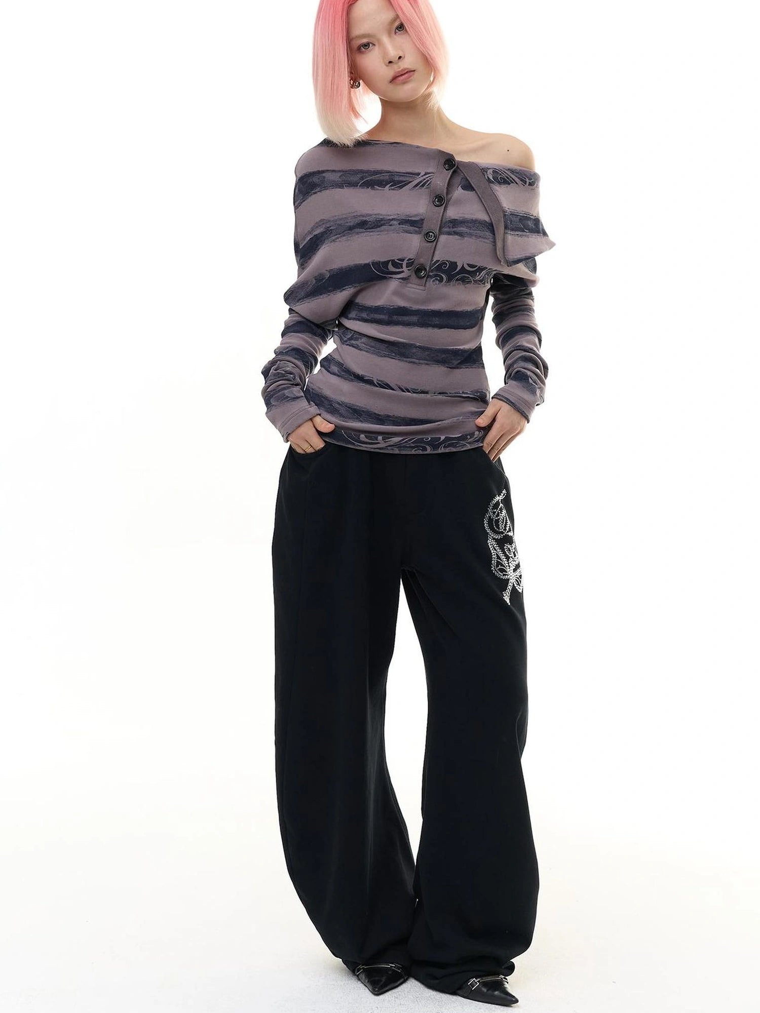 FayChui  Deconstructed Stripe Henley Neck Long Tee