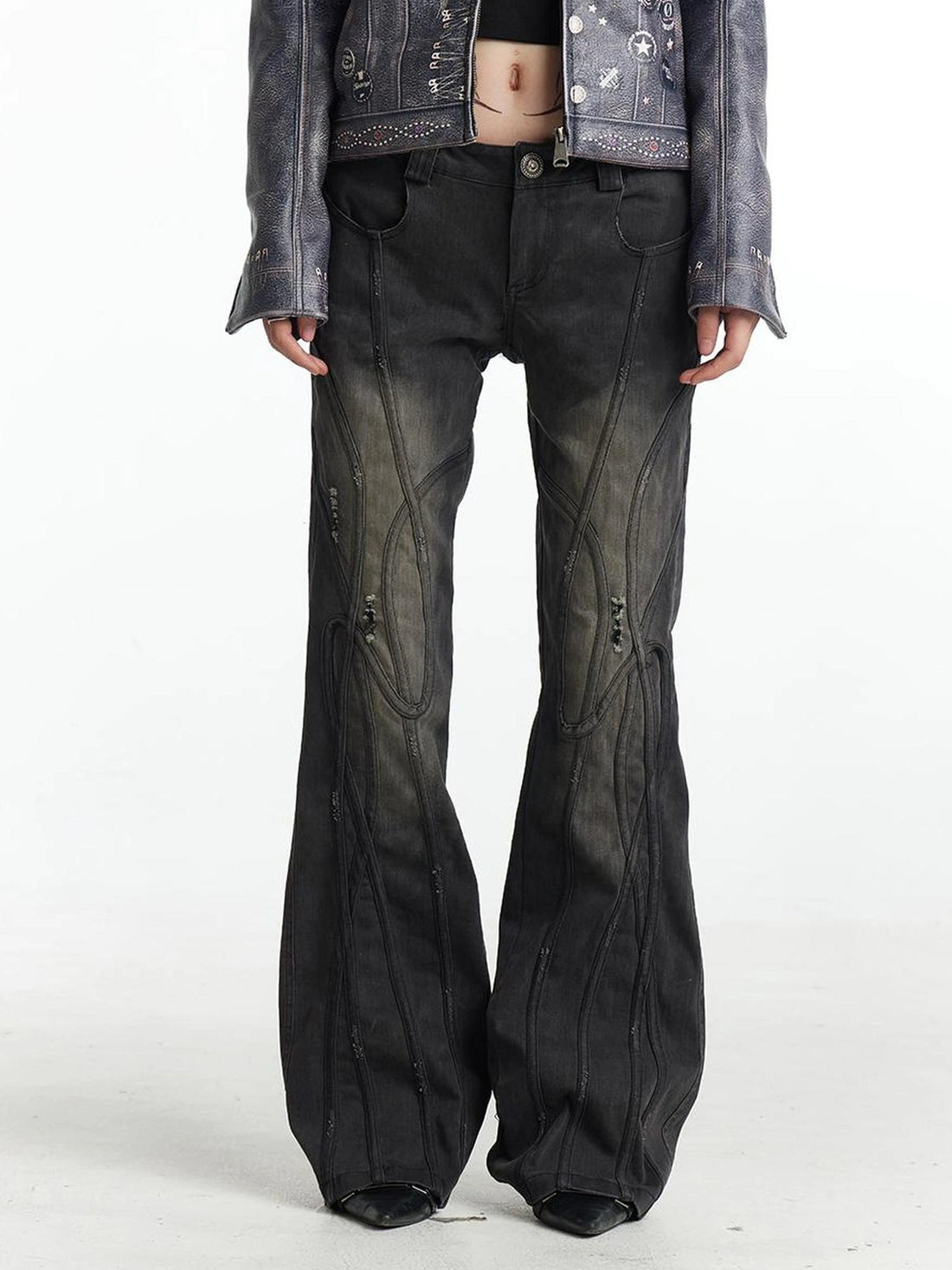 Deconstructed Thorn Trimmed Flared Jeans