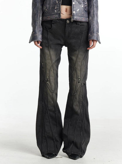 Deconstructed Thorn Trimmed Flared Jeans