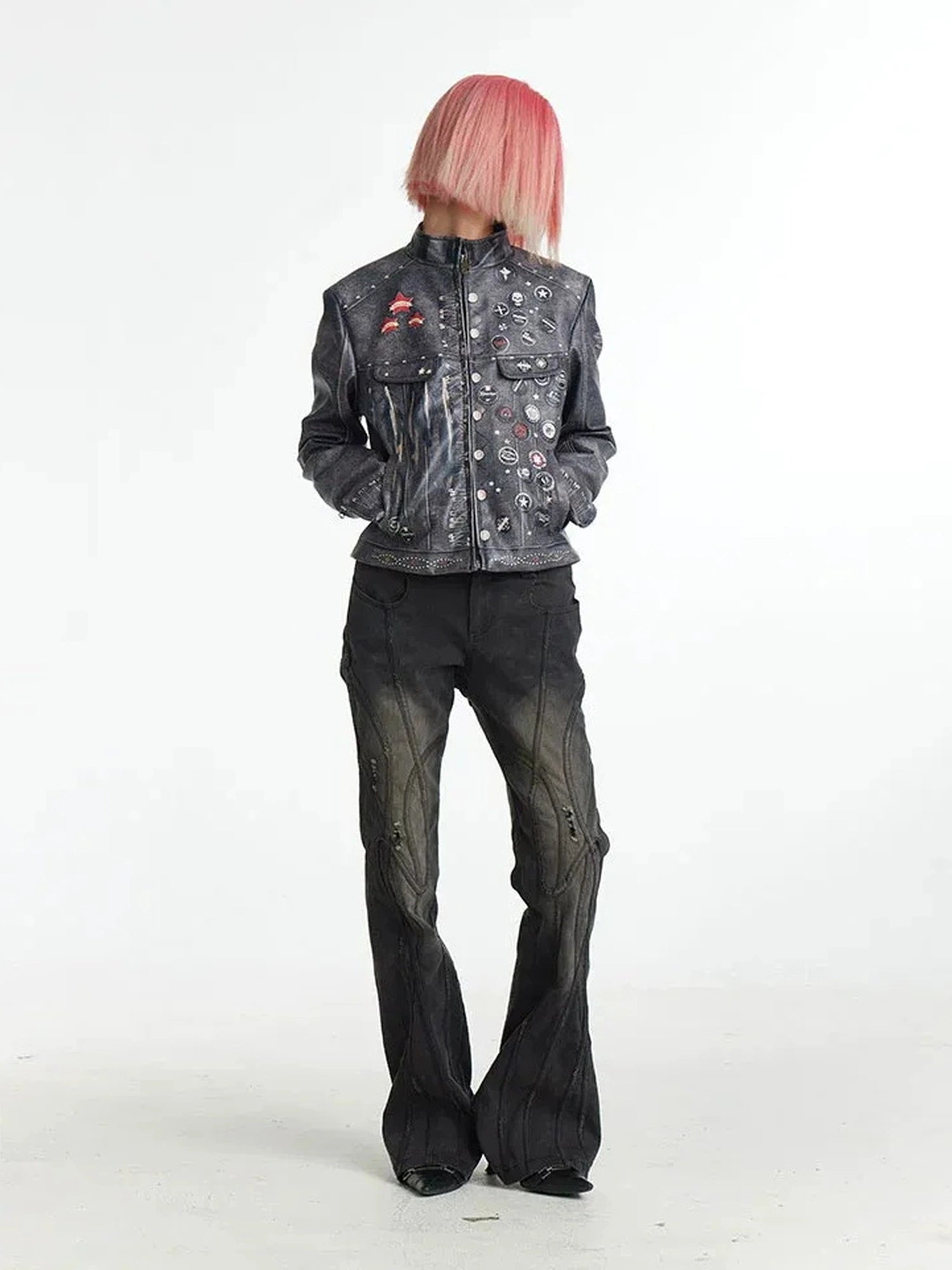 Deconstructed Thorn Trimmed Flared Jeans