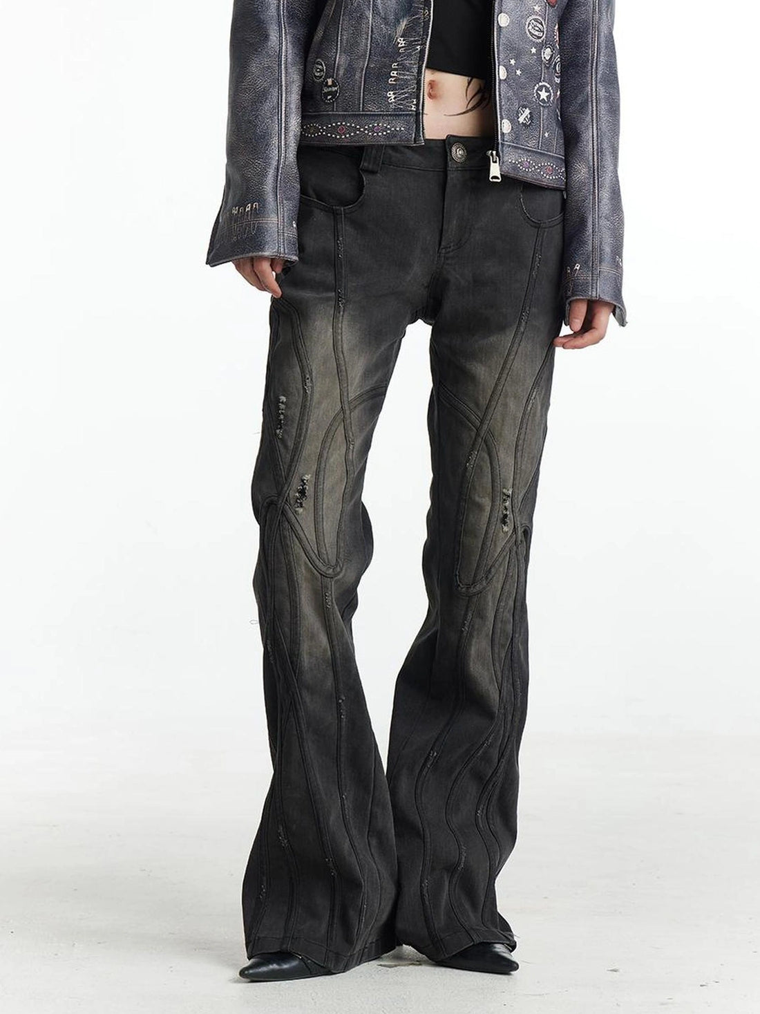 Deconstructed Thorn Trimmed Flared Jeans