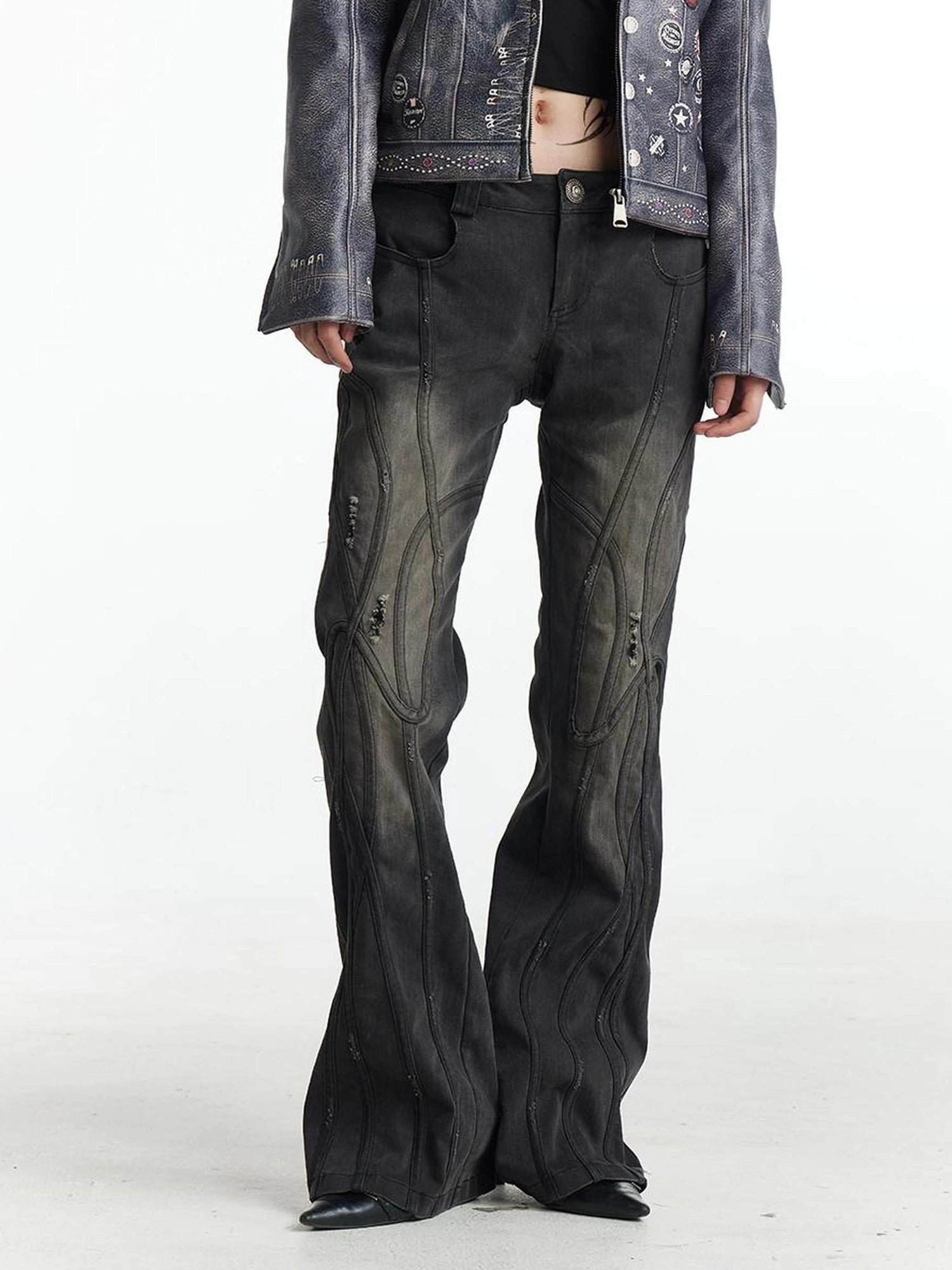 Deconstructed Thorn Trimmed Flared Jeans