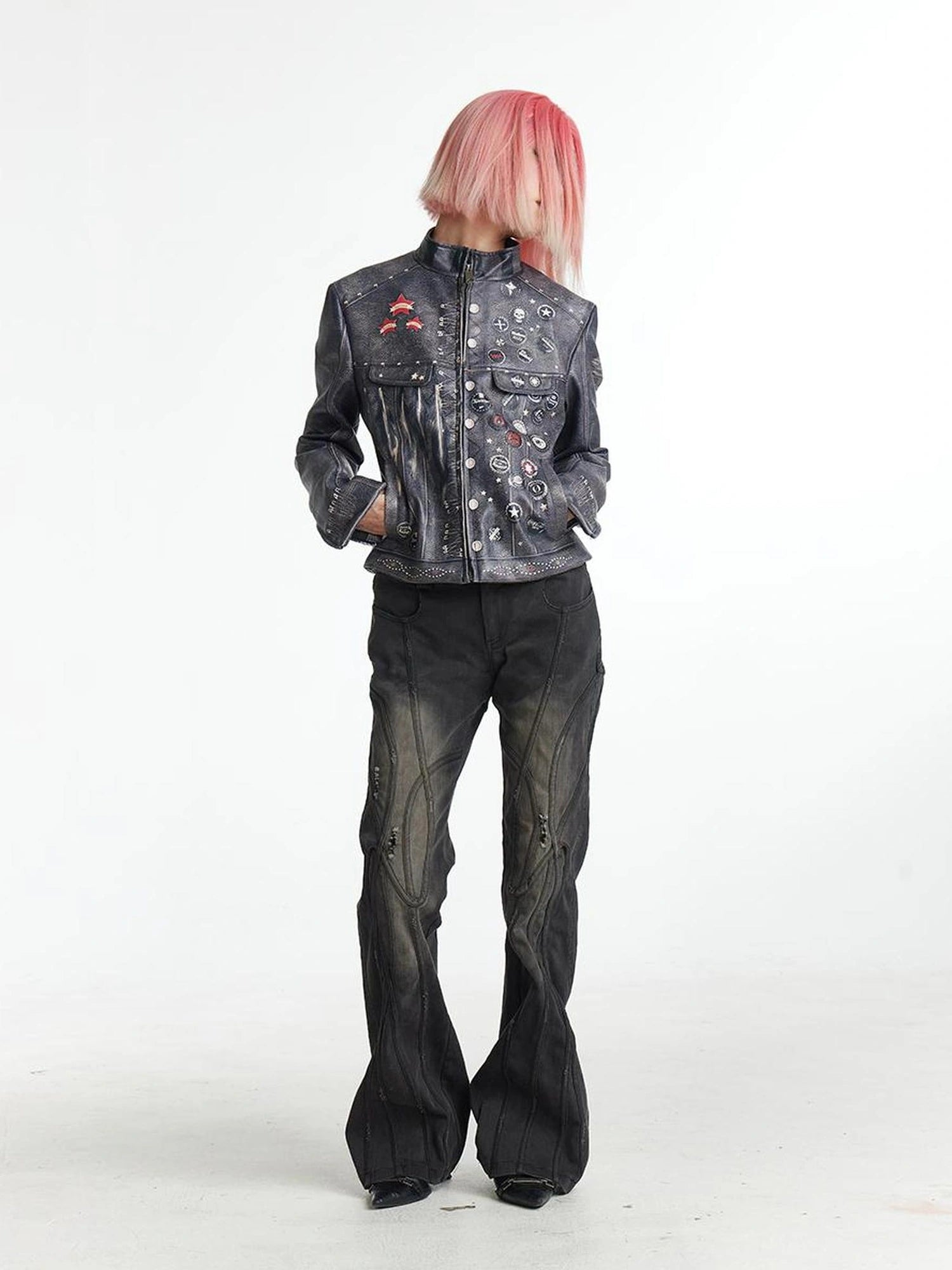 Deconstructed Thorn Trimmed Flared Jeans