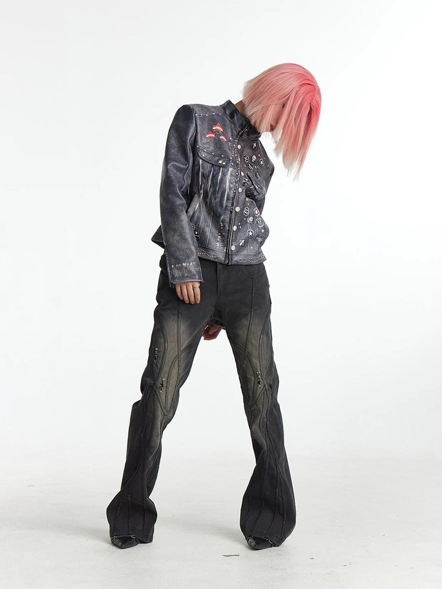 Deconstructed Thorn Trimmed Flared Jeans