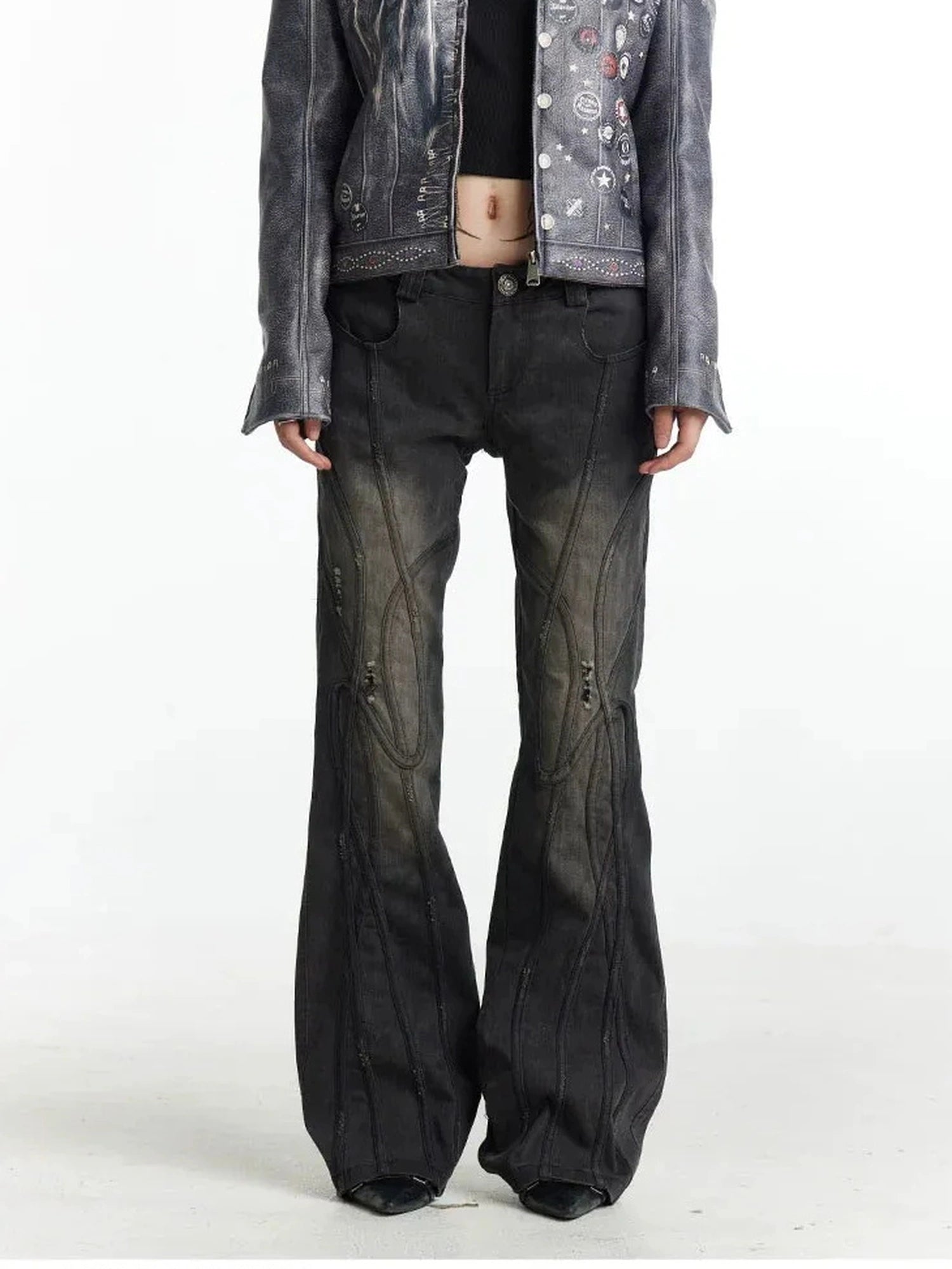 Deconstructed Thorn Trimmed Flared Jeans