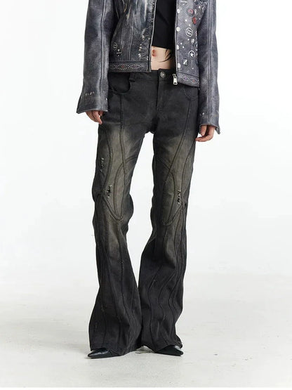 Deconstructed Thorn Trimmed Flared Jeans