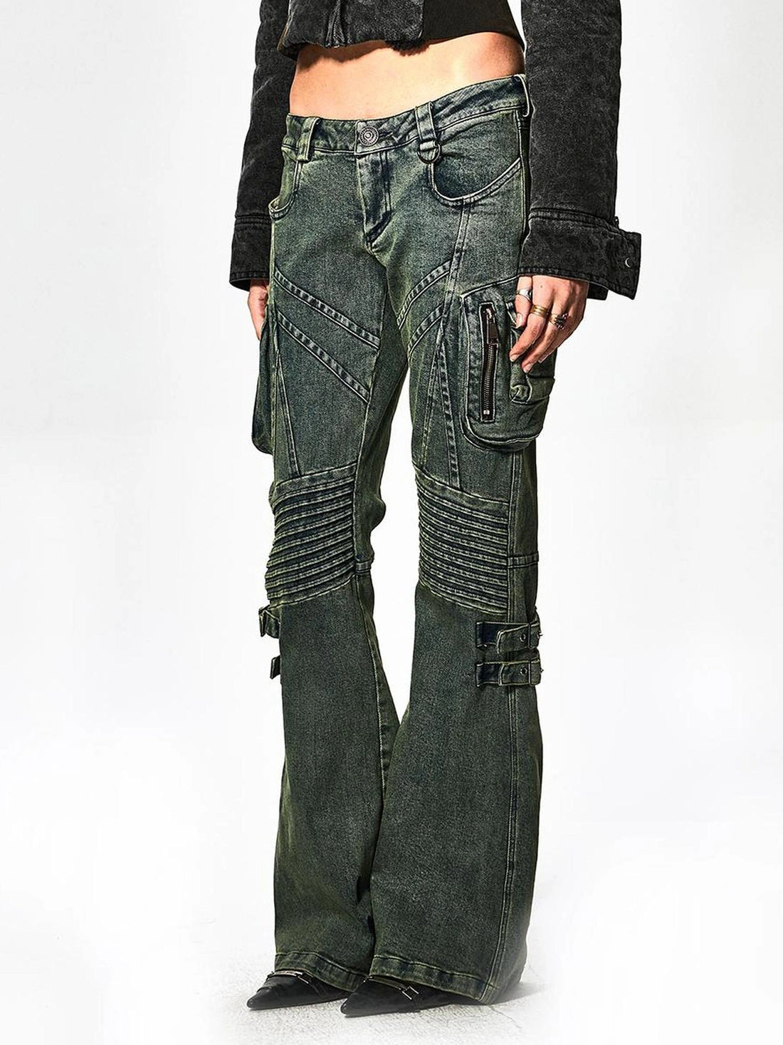 FayChui  Deconstructed Utility Low Rise Flare Jeans
