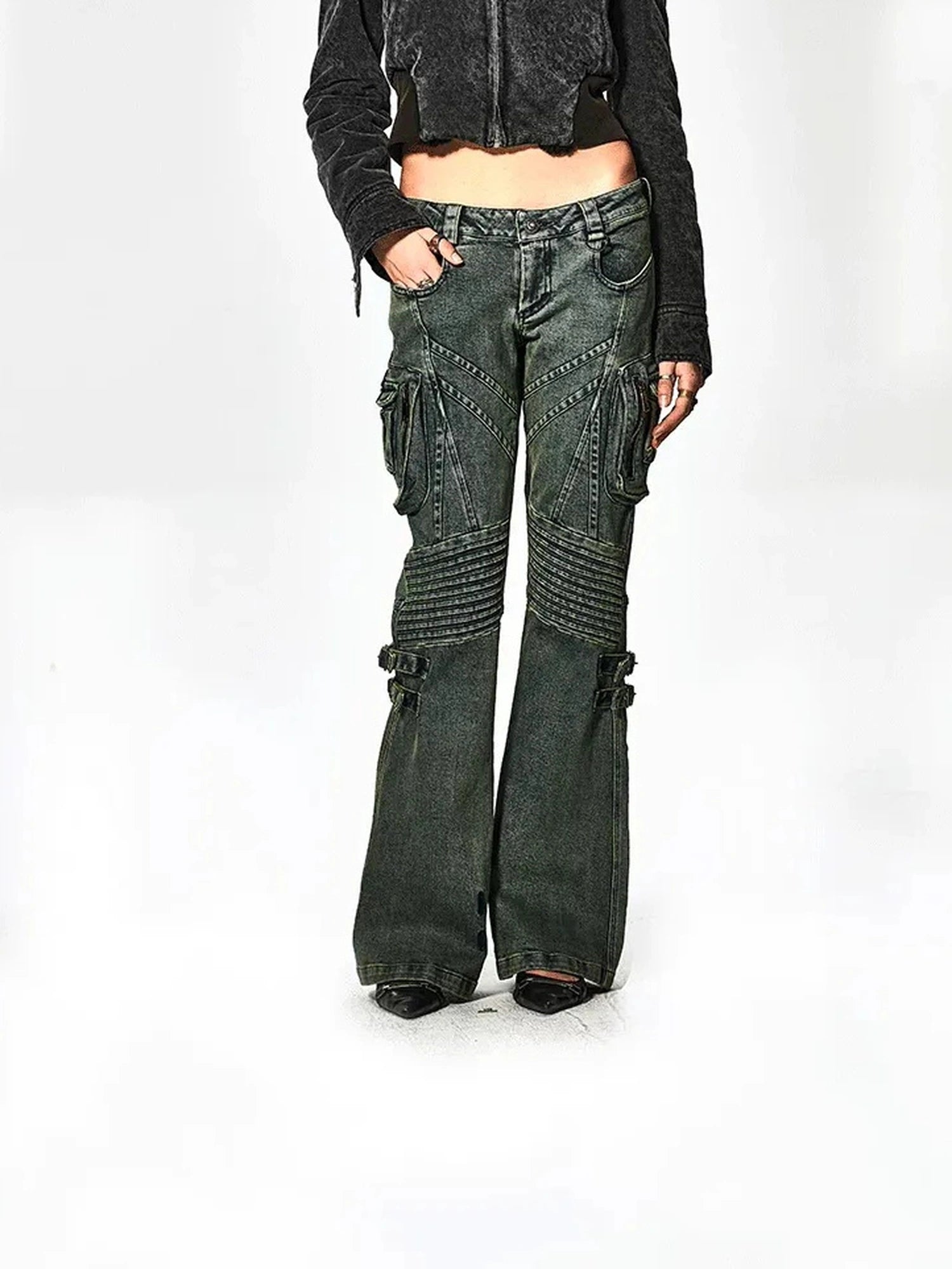 FayChui  Deconstructed Utility Low Rise Flare Jeans