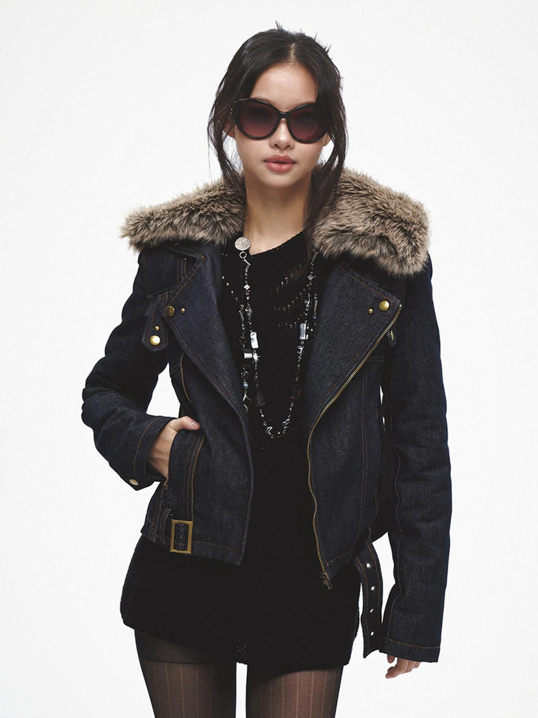 FayChui Detachable Fur Collar Deconstructed Zipper Women&