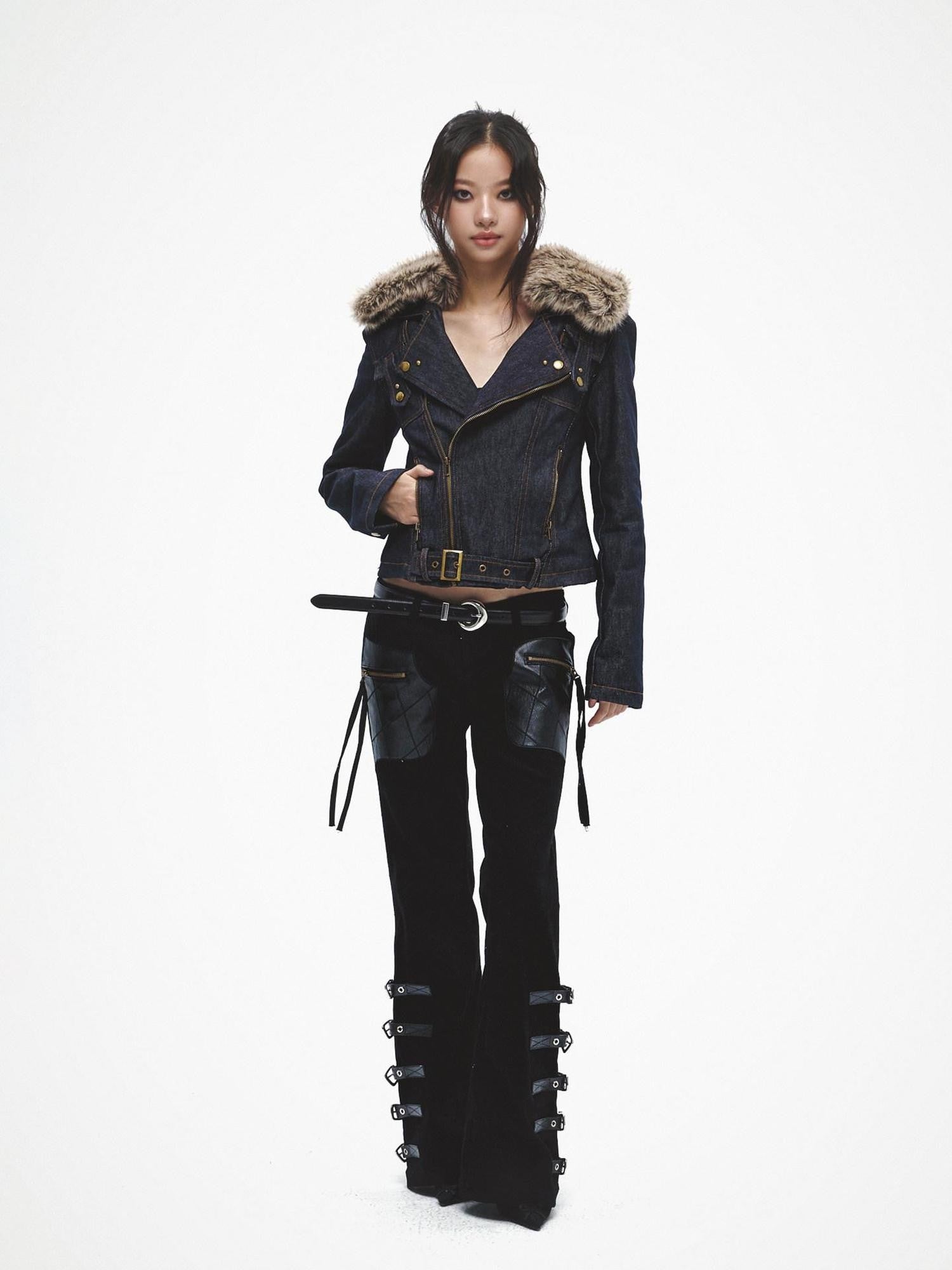 FayChui Detachable Fur Collar Deconstructed Zipper Women&