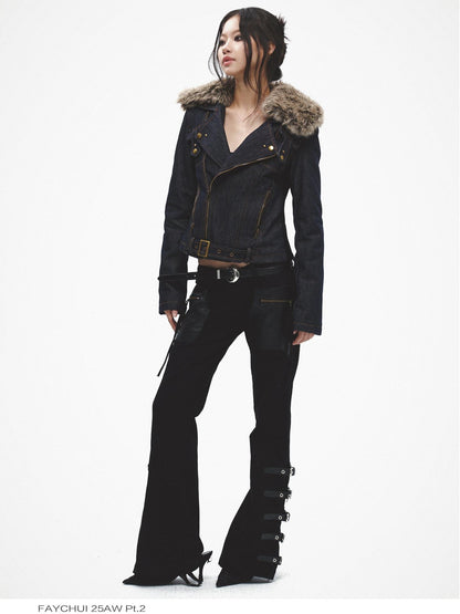 FayChui Detachable Fur Collar Deconstructed Zipper Women&