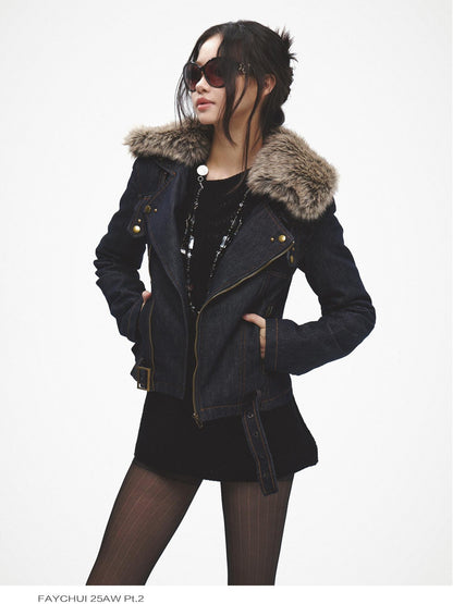 FayChui Detachable Fur Collar Deconstructed Zipper Women&