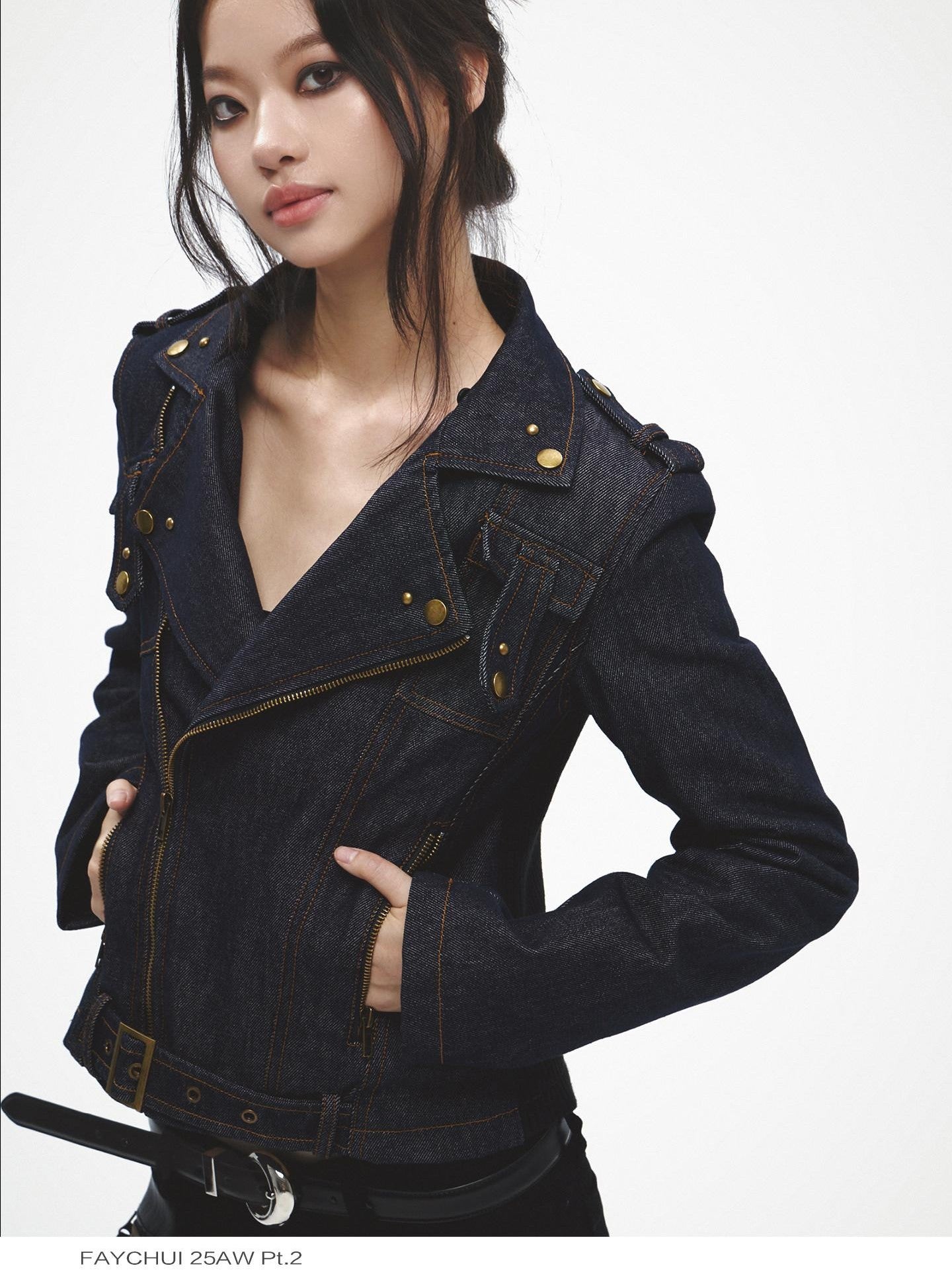 FayChui Detachable Fur Collar Deconstructed Zipper Women&