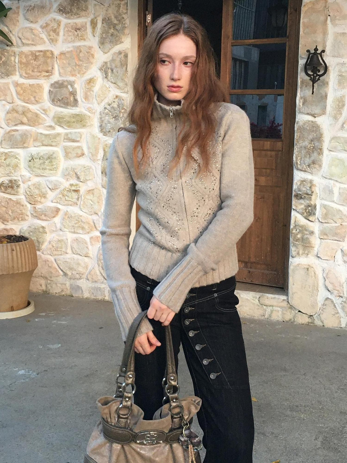 FayChui Diamond Embroidered Zip Up Ribbed Turtleneck Women&