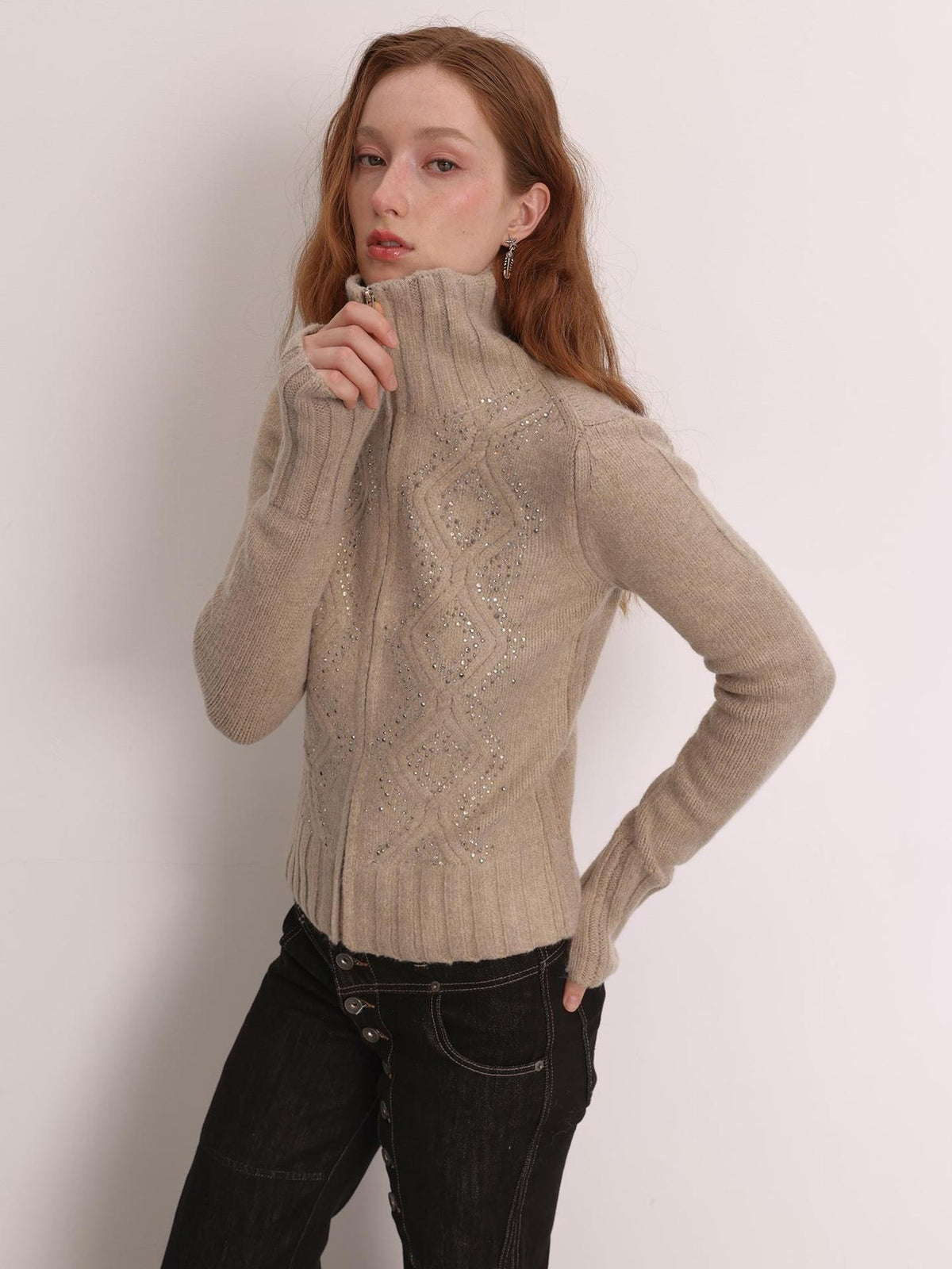FayChui Diamond Embroidered Zip Up Ribbed Turtleneck Women&