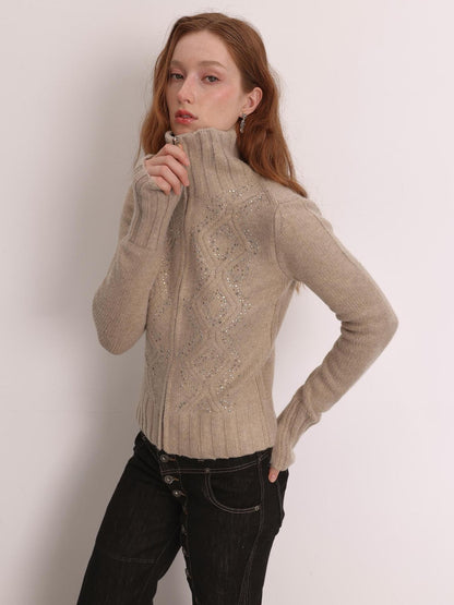 FayChui Diamond Embroidered Zip Up Ribbed Turtleneck Women&