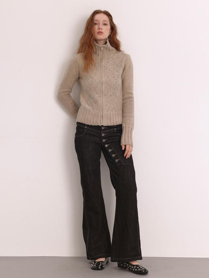 FayChui Diamond Embroidered Zip Up Ribbed Turtleneck Women&