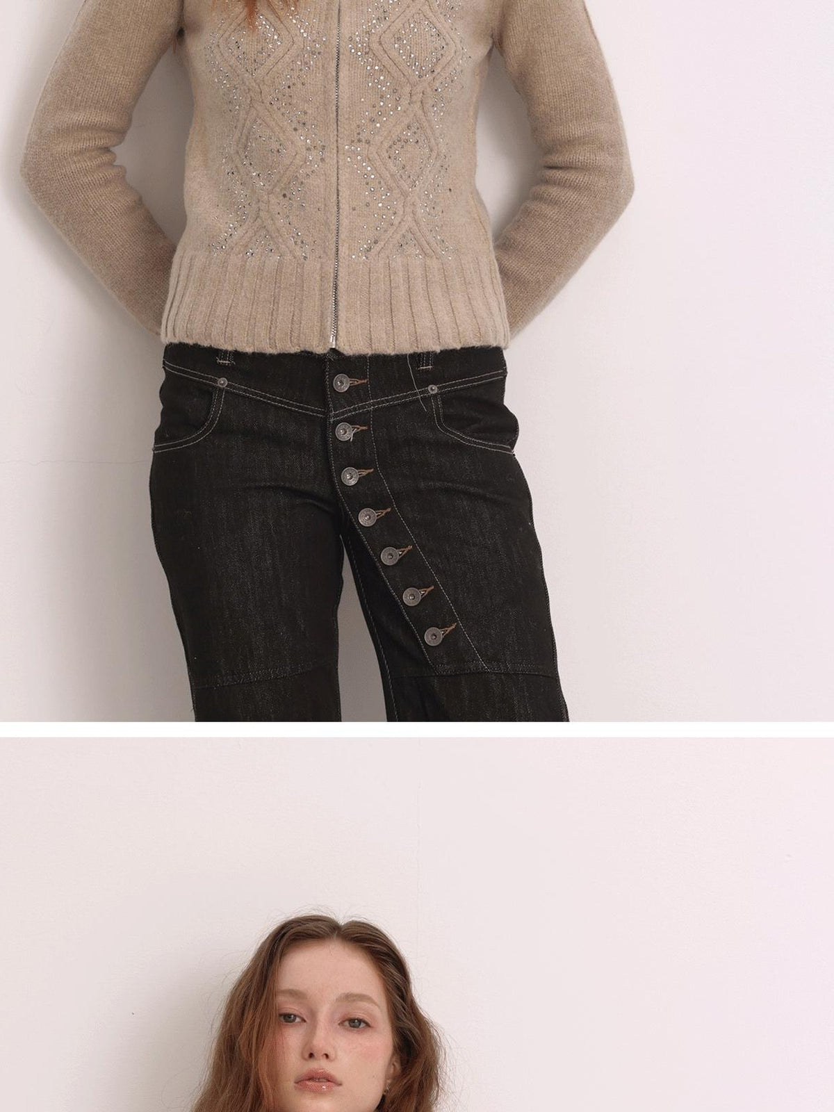 FayChui Diamond Embroidered Zip Up Ribbed Turtleneck Women&