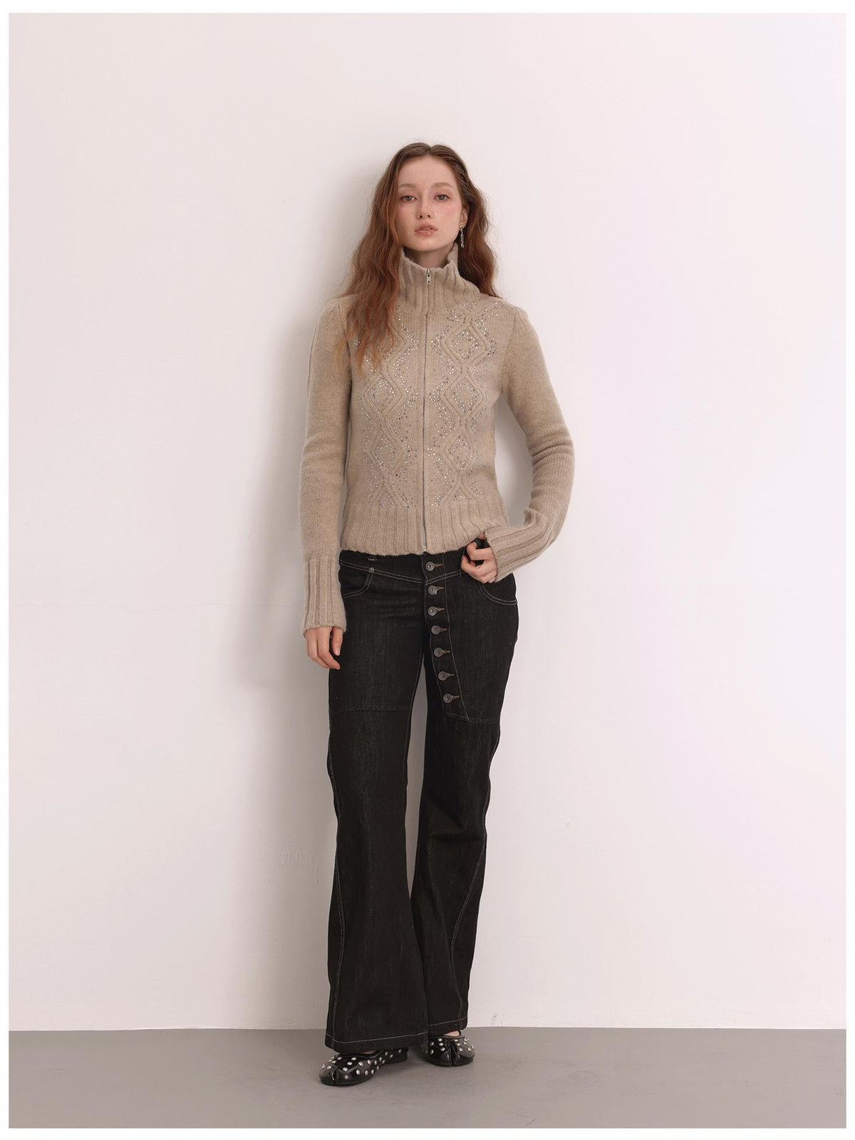 FayChui Diamond Embroidered Zip Up Ribbed Turtleneck Women&