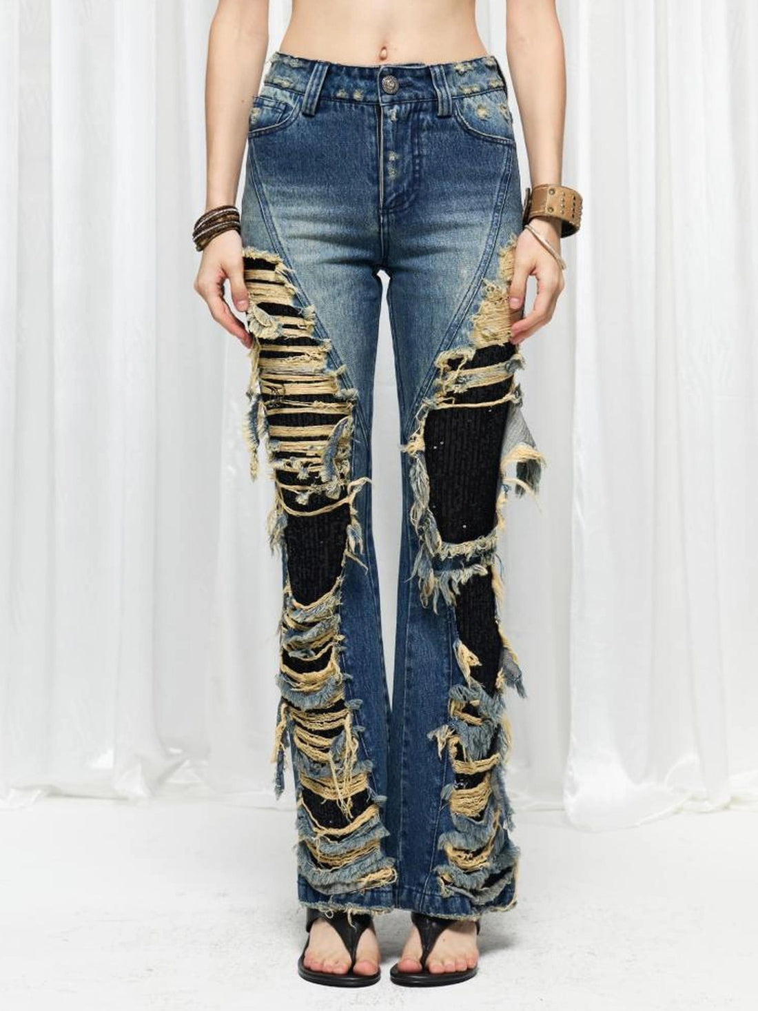 FayChui  Distressed Flared Jeans With Glittering Sequins