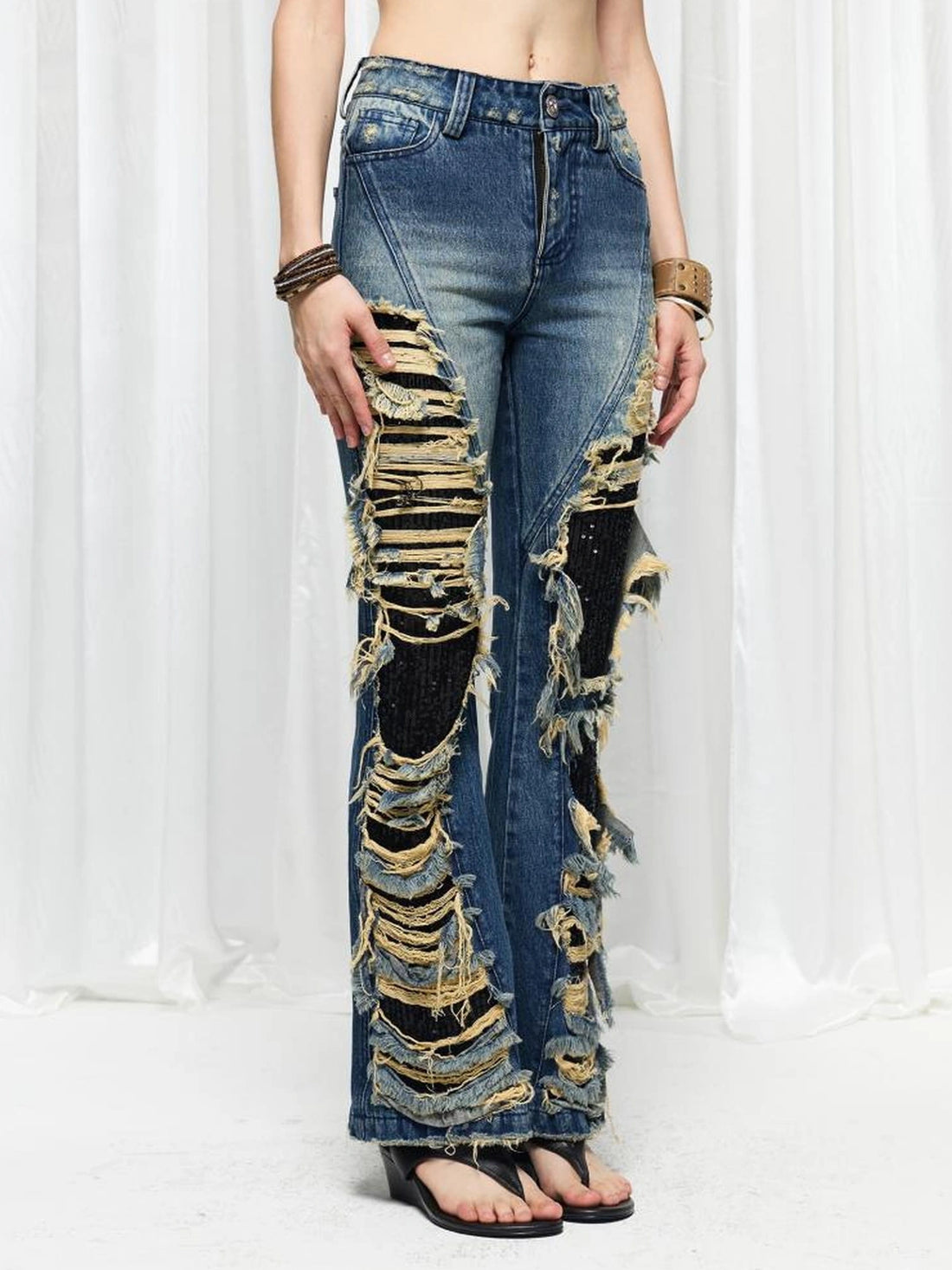 FayChui  Distressed Flared Jeans With Glittering Sequins