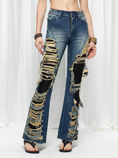 FayChui  Distressed Flared Jeans With Glittering Sequins