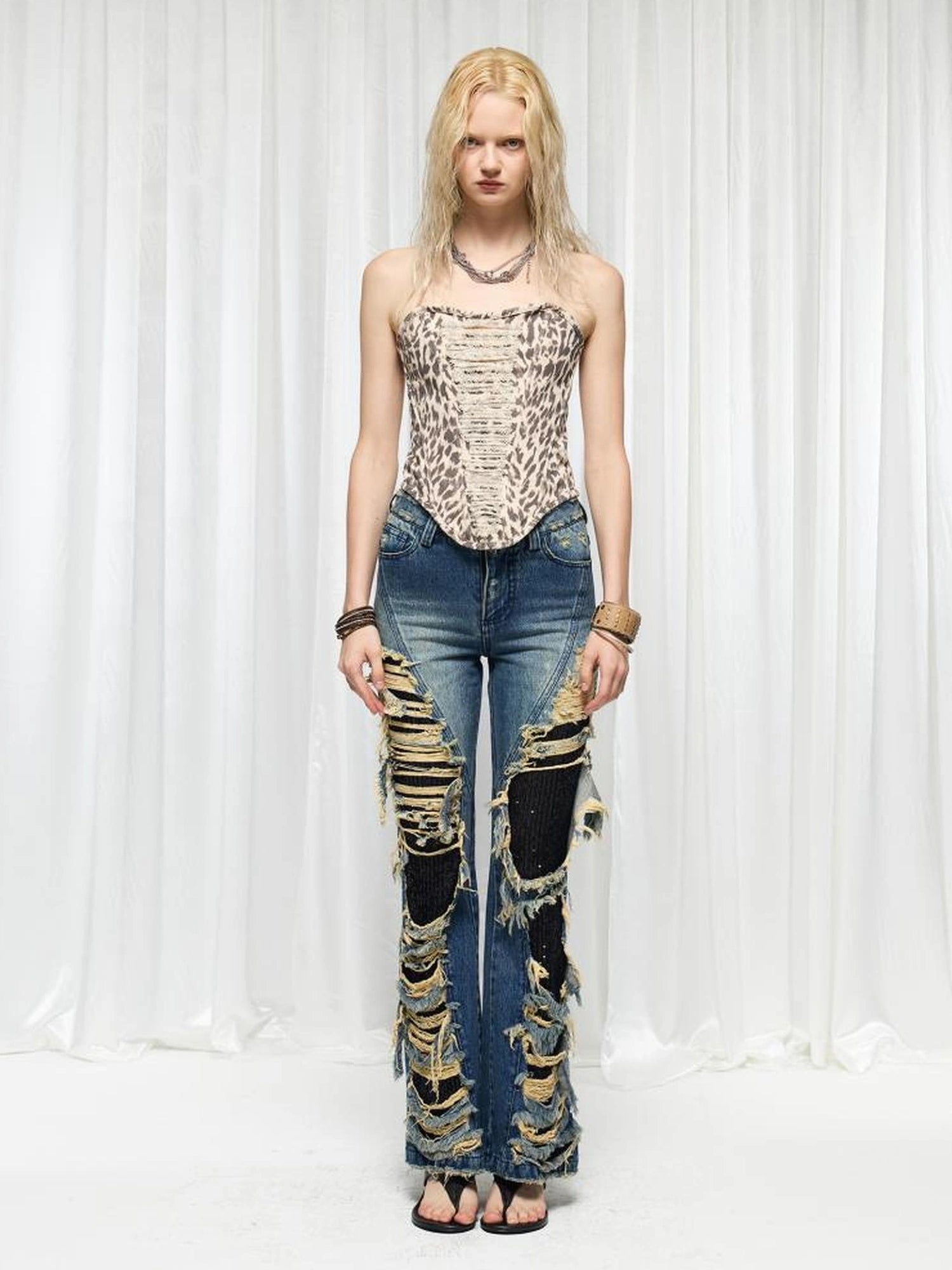 FayChui  Distressed Flared Jeans With Glittering Sequins
