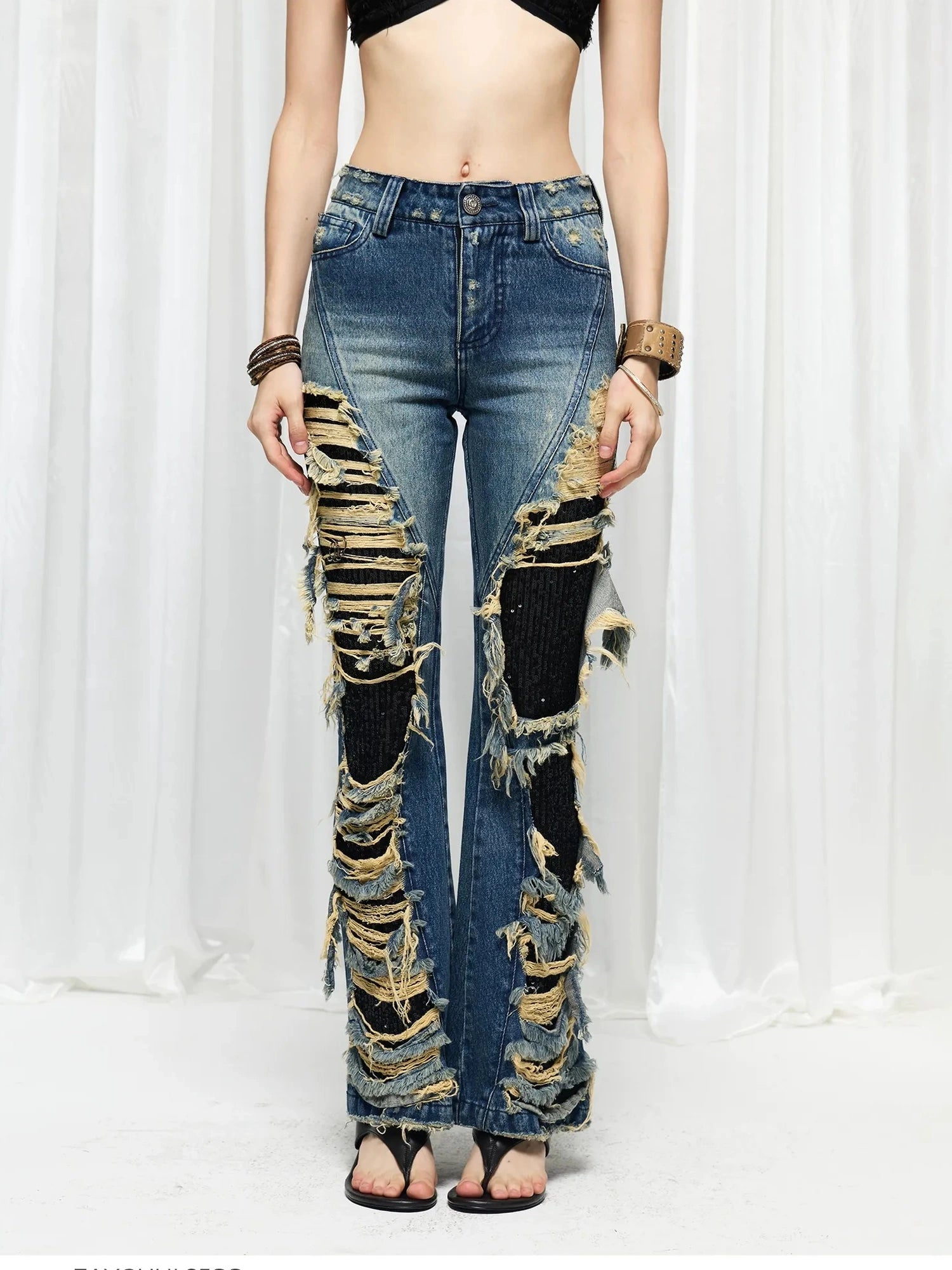 FayChui  Distressed Flared Jeans With Glittering Sequins