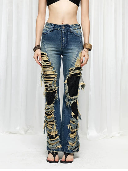 FayChui  Distressed Flared Jeans With Glittering Sequins