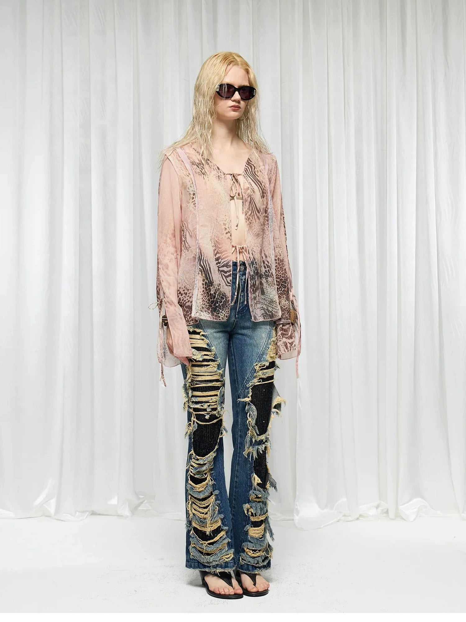FayChui  Distressed Flared Jeans With Glittering Sequins