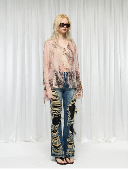 FayChui  Distressed Flared Jeans With Glittering Sequins