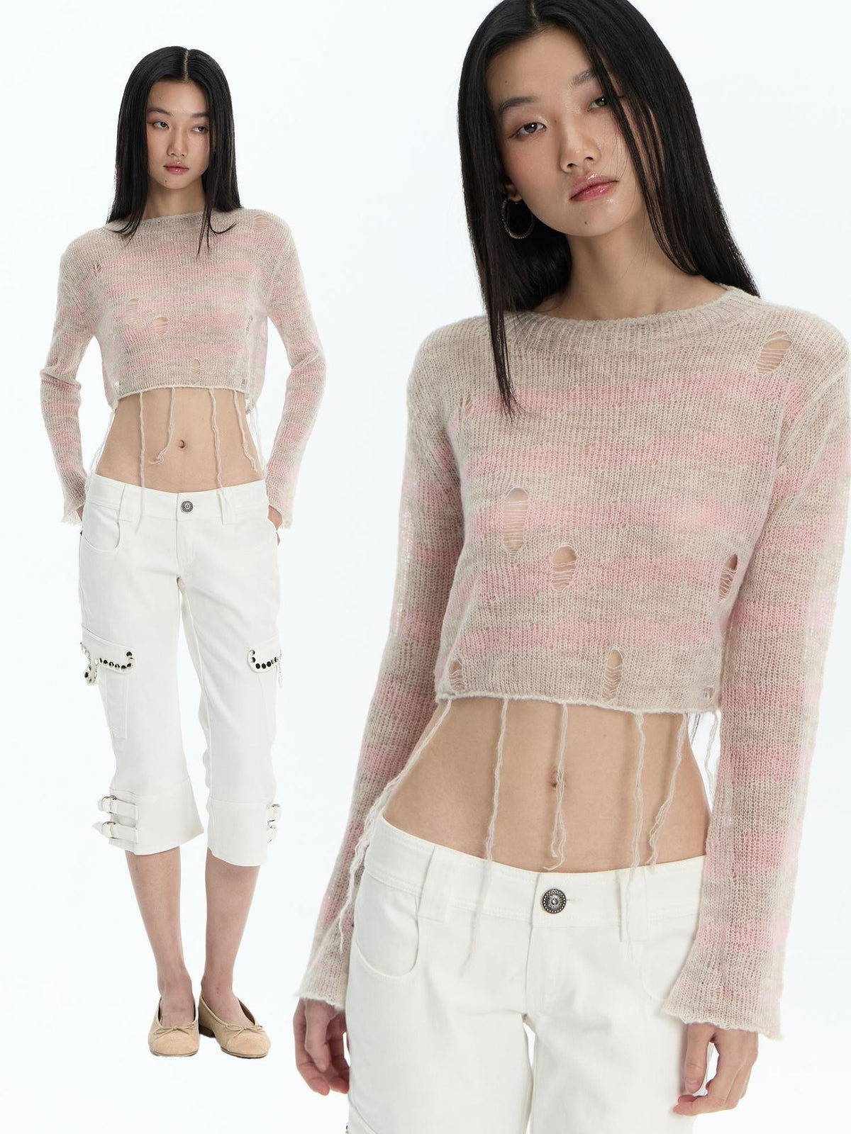 FayChui Distressed Fringe Knit Mohair Wool Women&