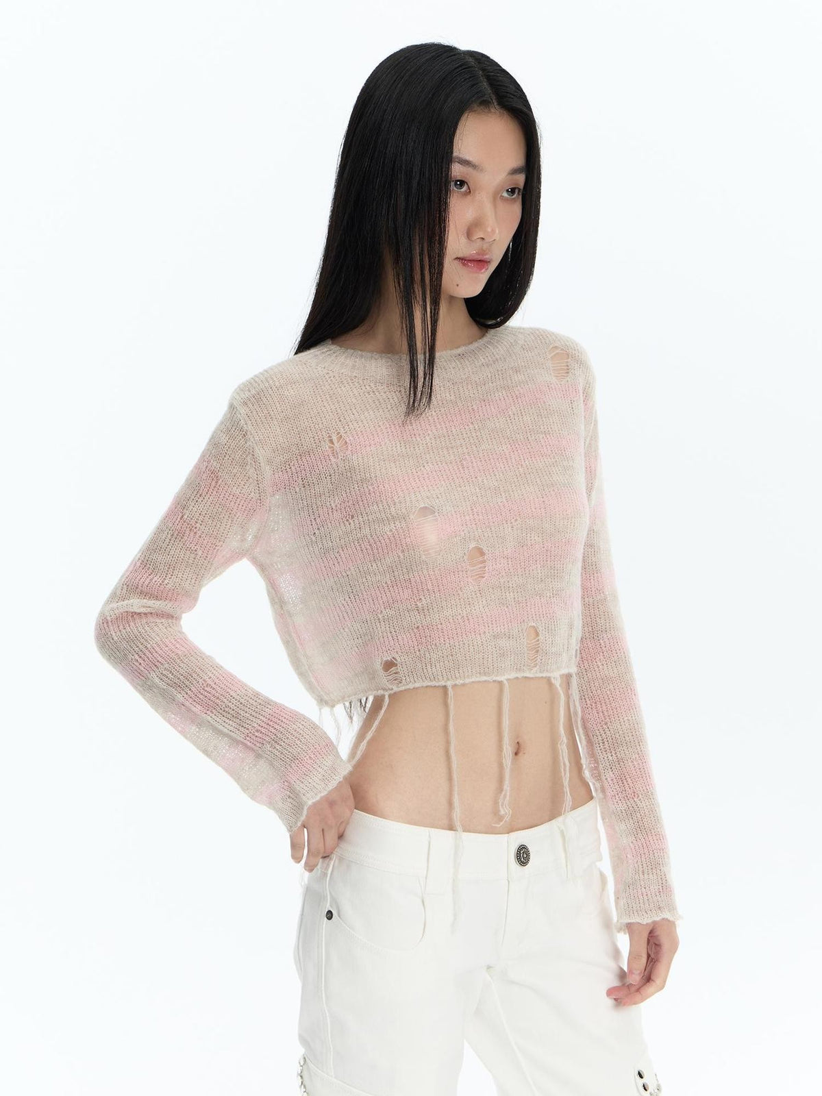 FayChui Distressed Fringe Knit Mohair Wool Women&