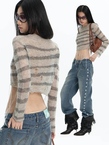 FayChui Distressed Fringe Knit Mohair Wool Women&