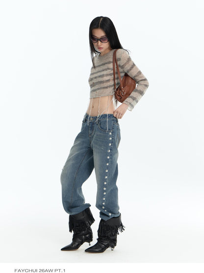 FayChui Distressed Fringe Knit Mohair Wool Women&